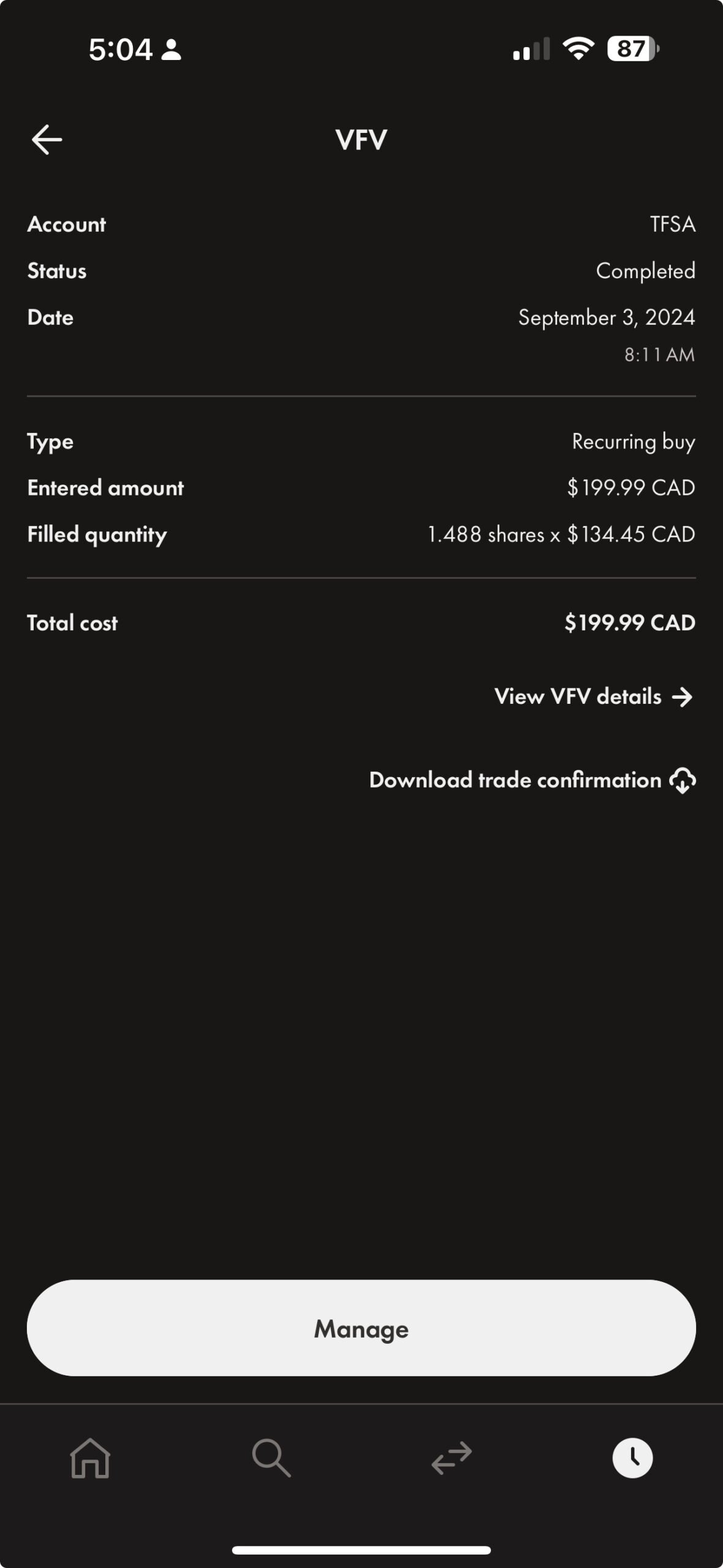 Screenshot of recurring buy transaction for VFV in a TFSA account